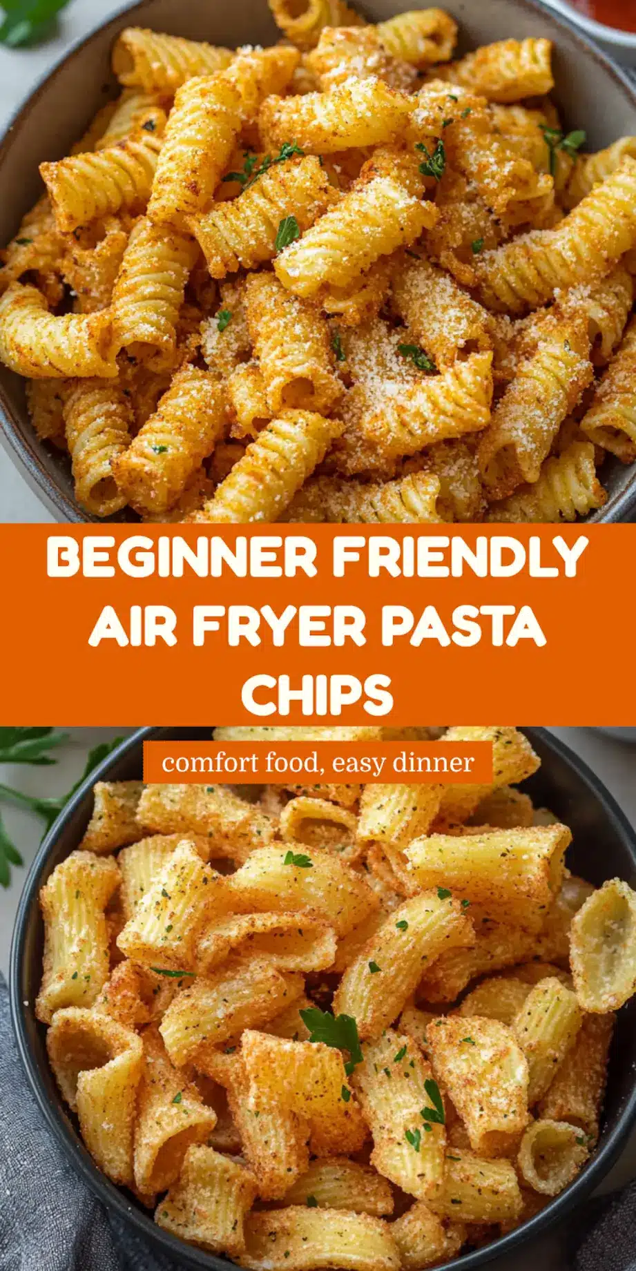 Air fryer pasta chips Pinterest image with text overlay