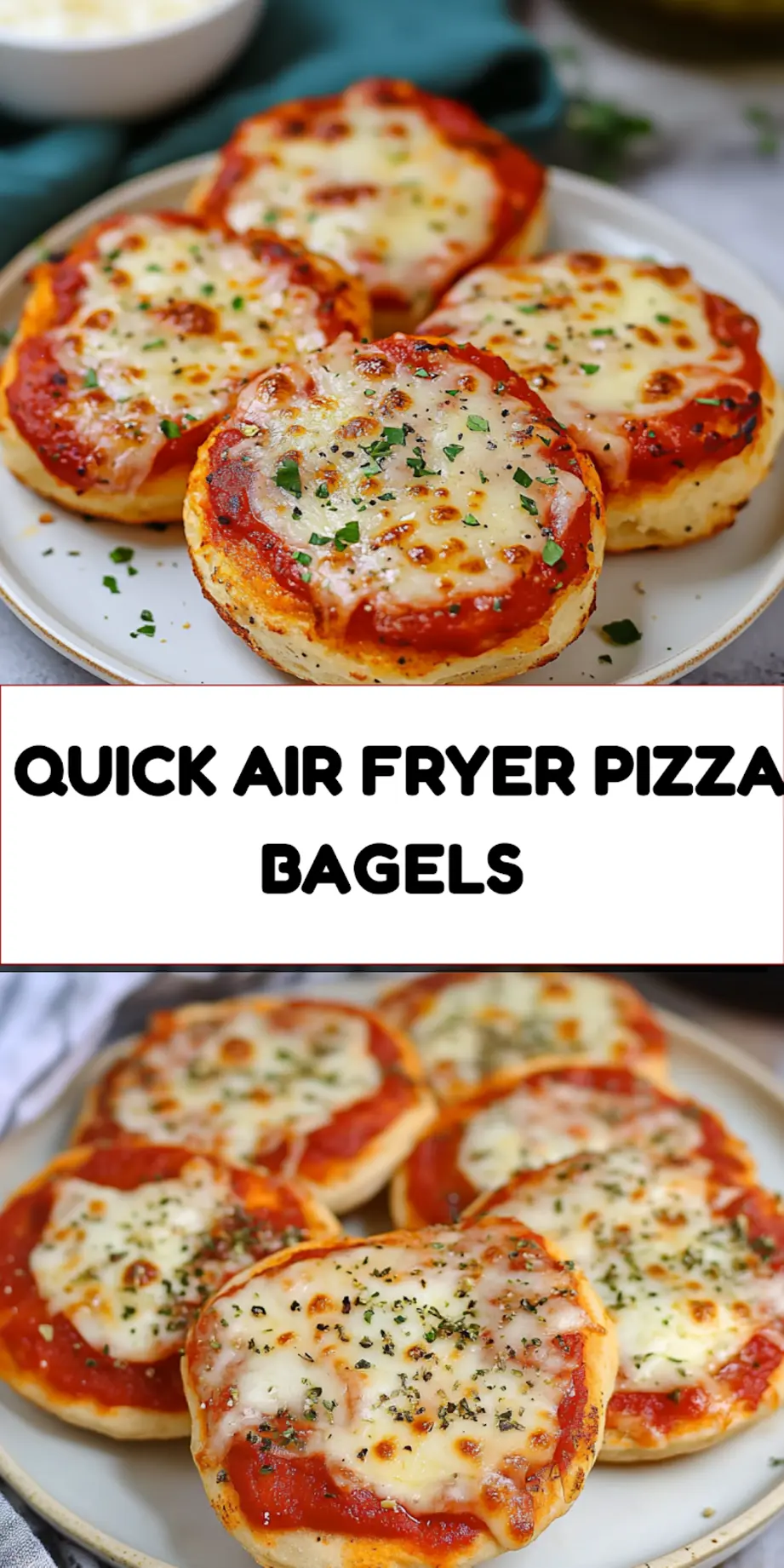 Air fryer pizza bagels with melted cheese and pepperoni, Pinterest pin style