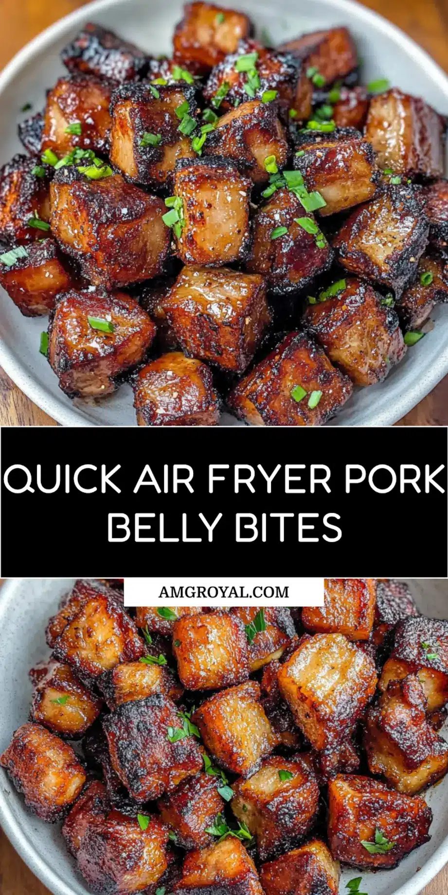 Air Fryer Pork Belly Bites Recipe Easy Delicious 7 AIR FRYER PORK BELLY BITES centered hero view, clean and uncluttered pin