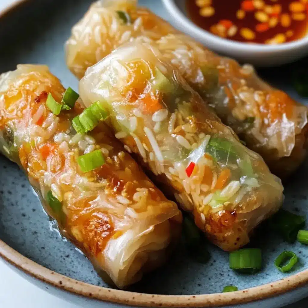 Golden crispy air fryer rice paper noodle rolls on a white plate with sweet chilli dipping sauce