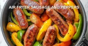 AIR FRYER SAUSAGE AND PEPPERS centered hero view, clean and uncluttered