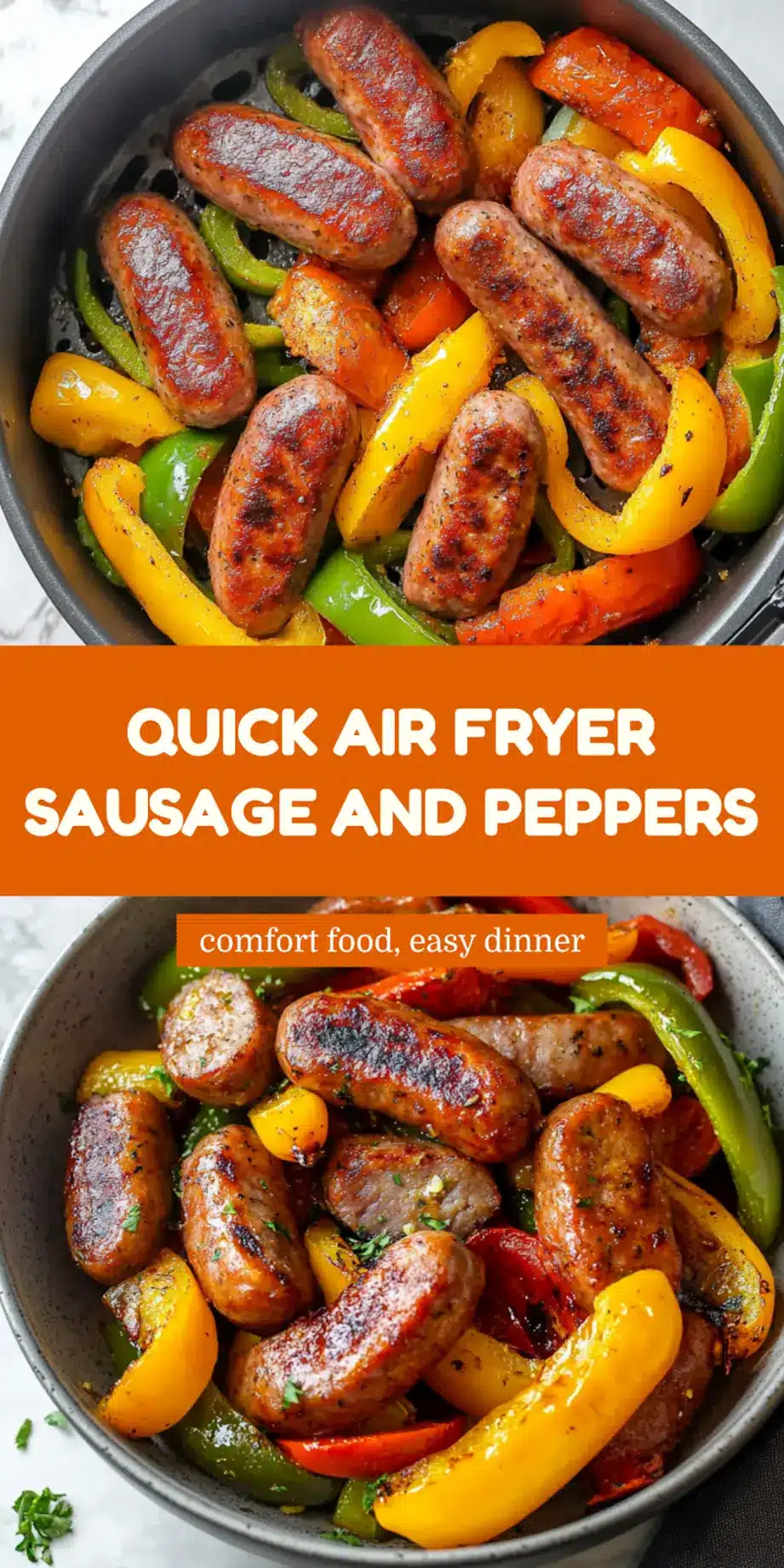 AIR FRYER SAUSAGE AND PEPPERS centered hero view, clean and uncluttered