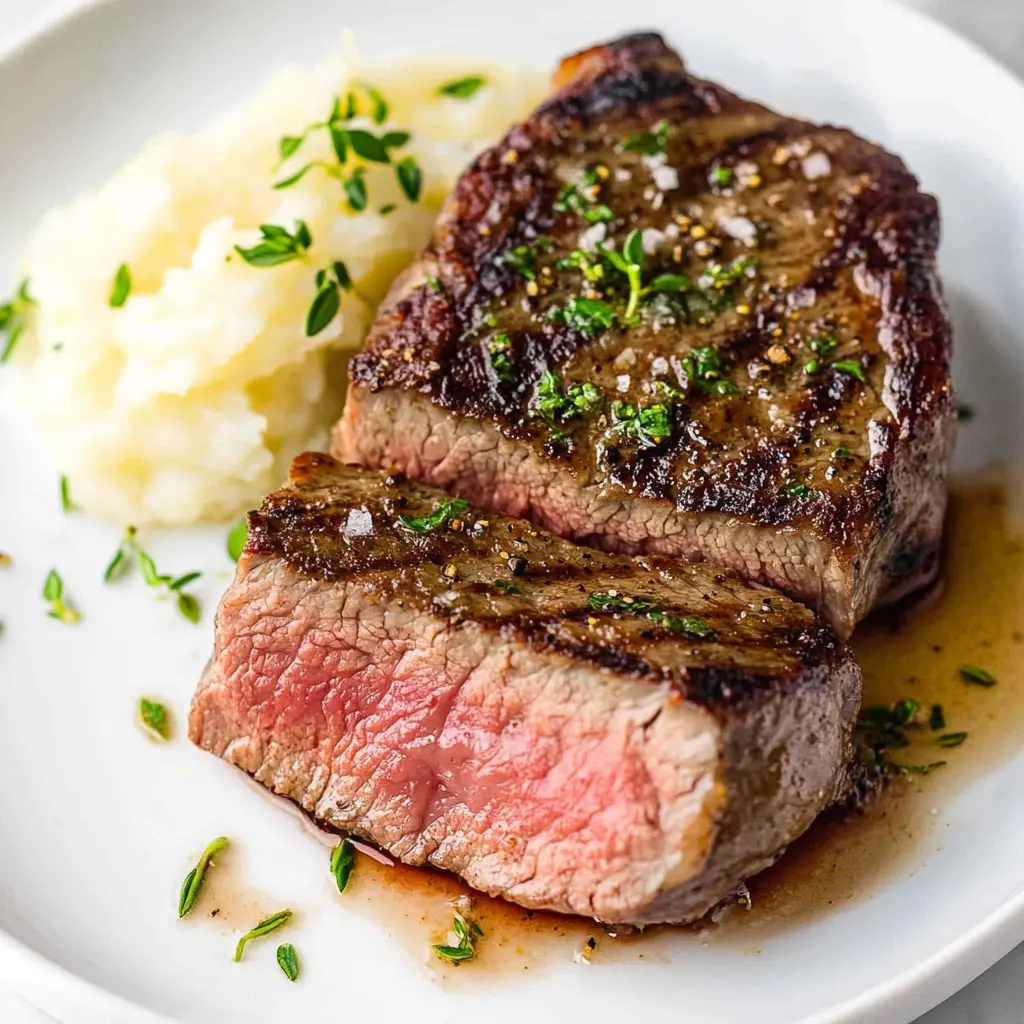 Air fryer steak with golden crust on a white plate