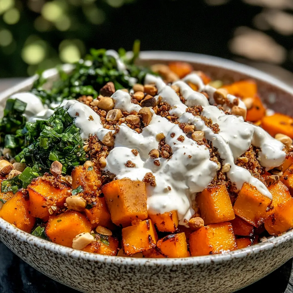 Anti-inflammatory glow bowl with roasted sweet potatoes, crispy chickpeas, and tahini drizzle