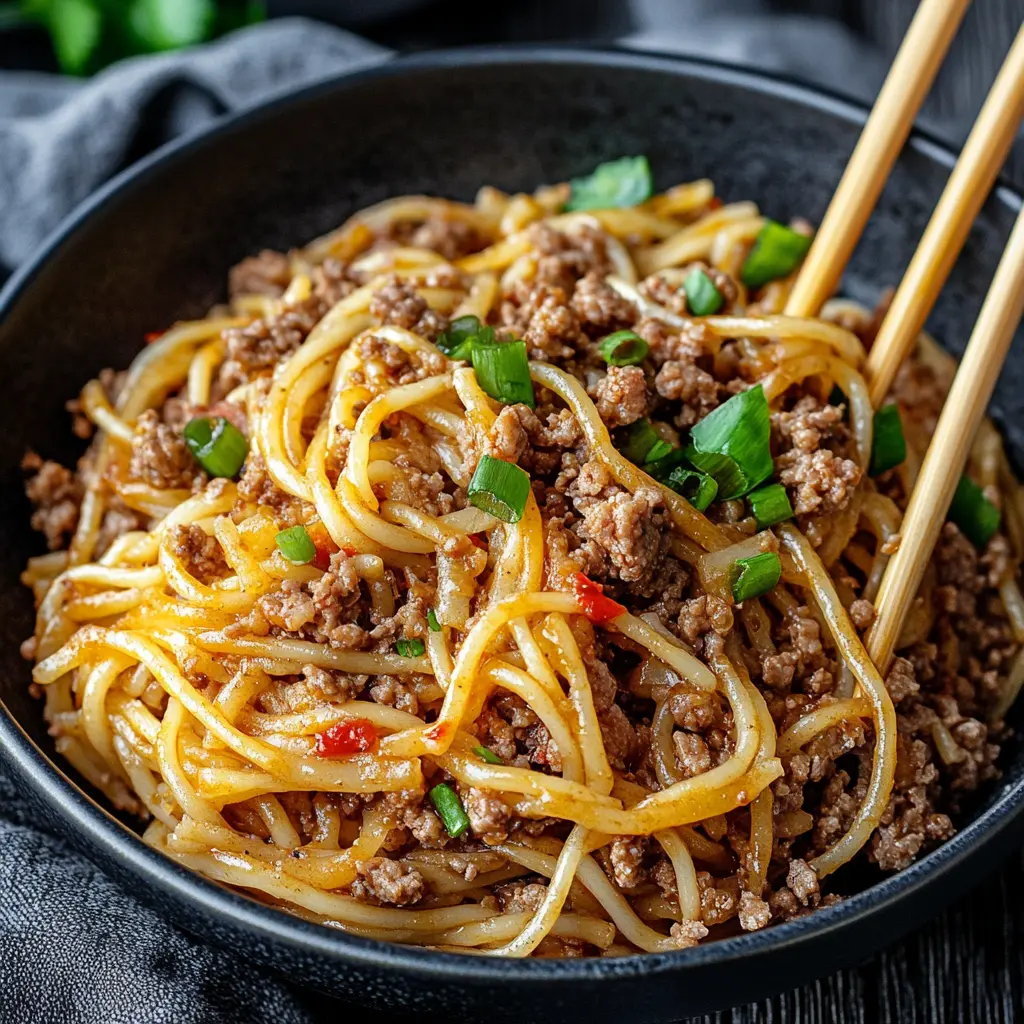 Asian ground beef noodles in a bowl, centered hero view, clean and uncluttered
