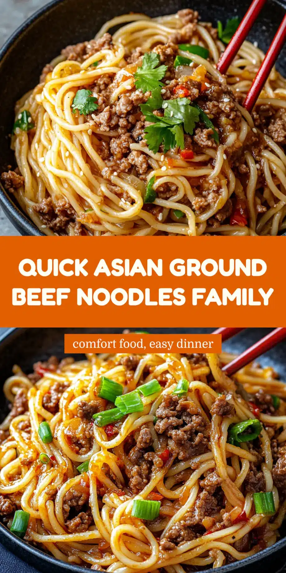 Asian ground beef noodles centered hero view, clean and uncluttered pin