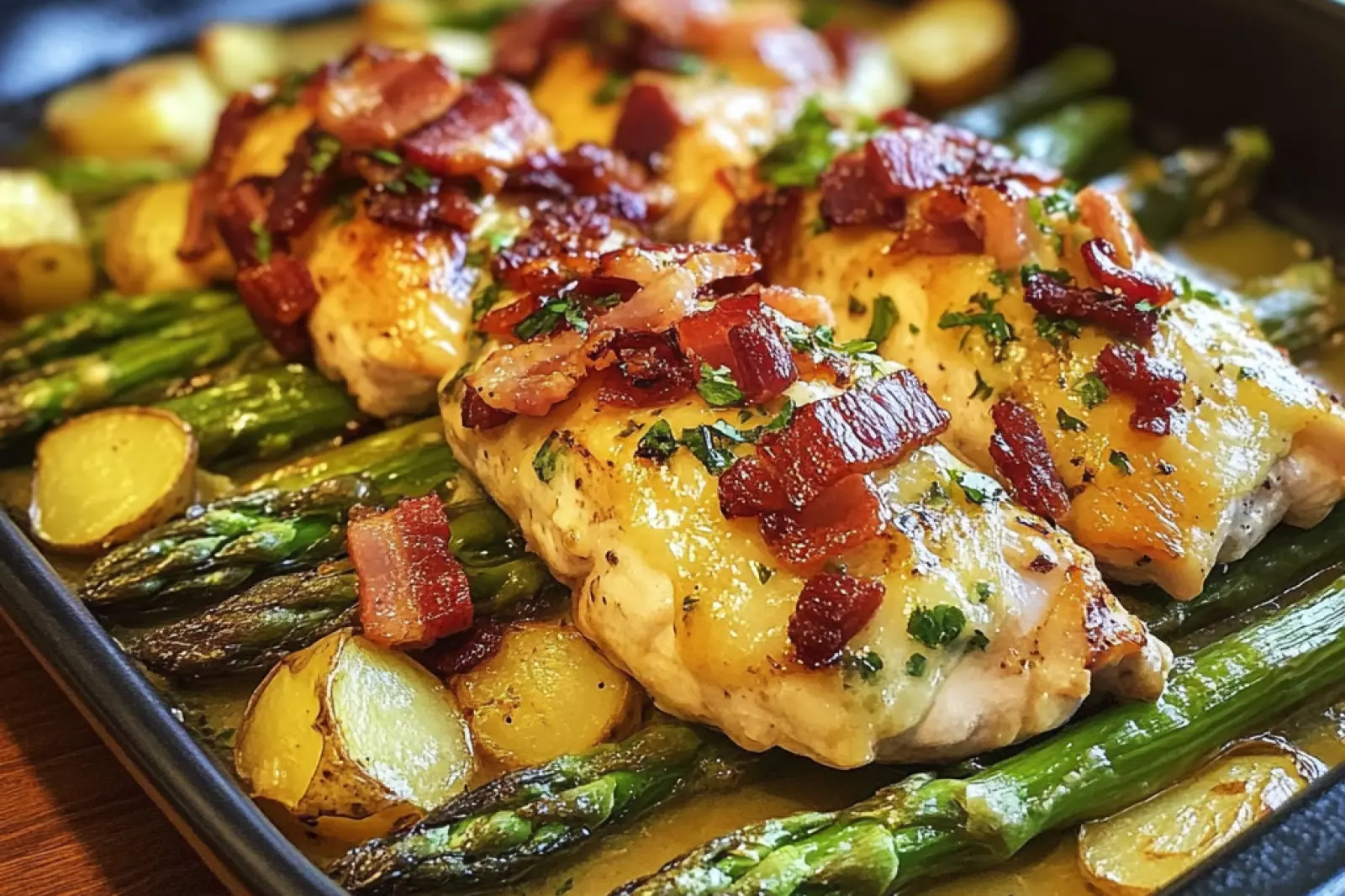 ASPARAGUS BACON CHICKEN POTATO centered hero view, clean and uncluttered
