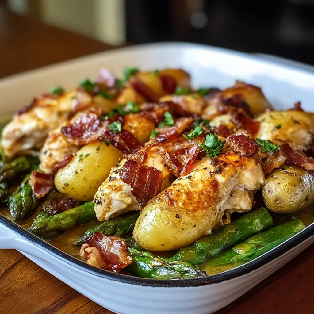 Easy Asparagus Bacon Chicken Potato Recipe You Need Now 6 ASPARAGUS BACON CHICKEN POTATO centered hero view, clean and uncluttered