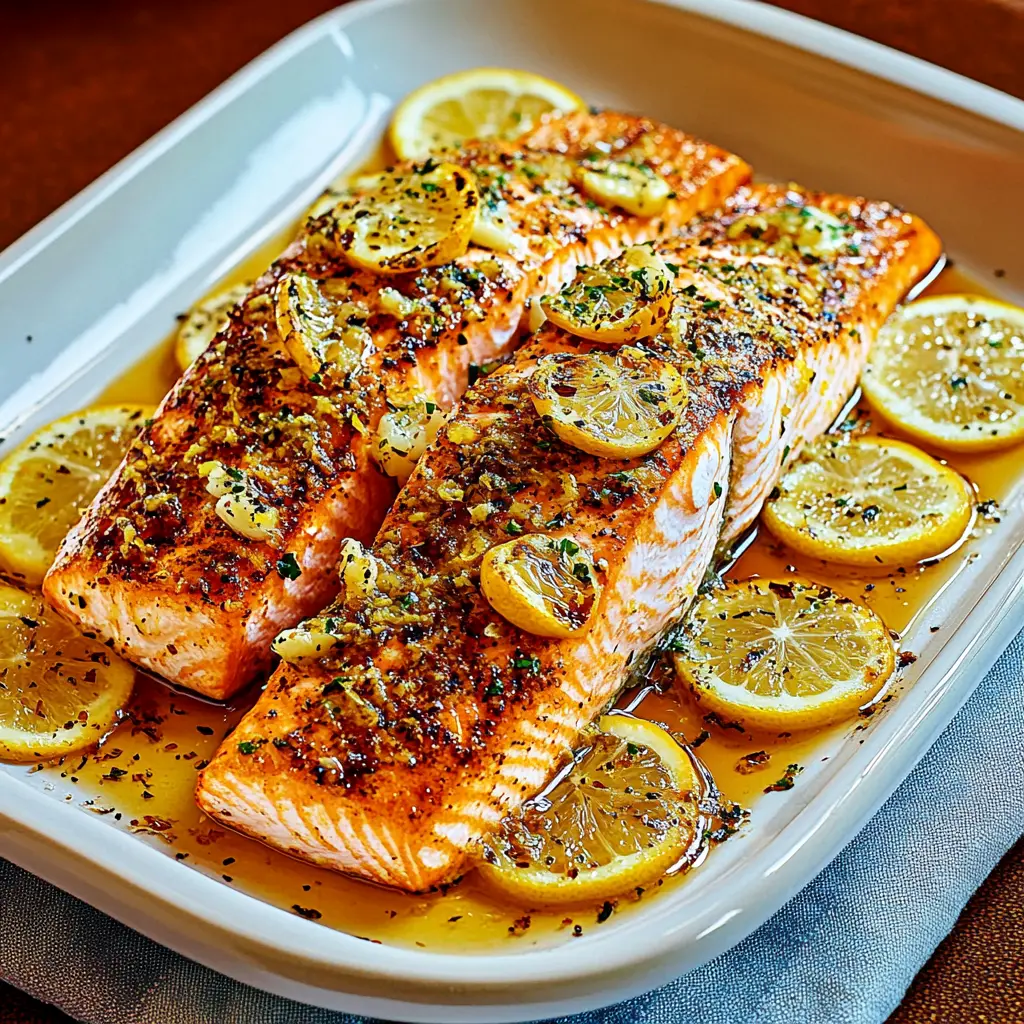 Baked Lemon Garlic Salmon Easy Weeknight Dinner 6 BAKED LEMON GARLIC SALMON centered hero view, clean and uncluttered