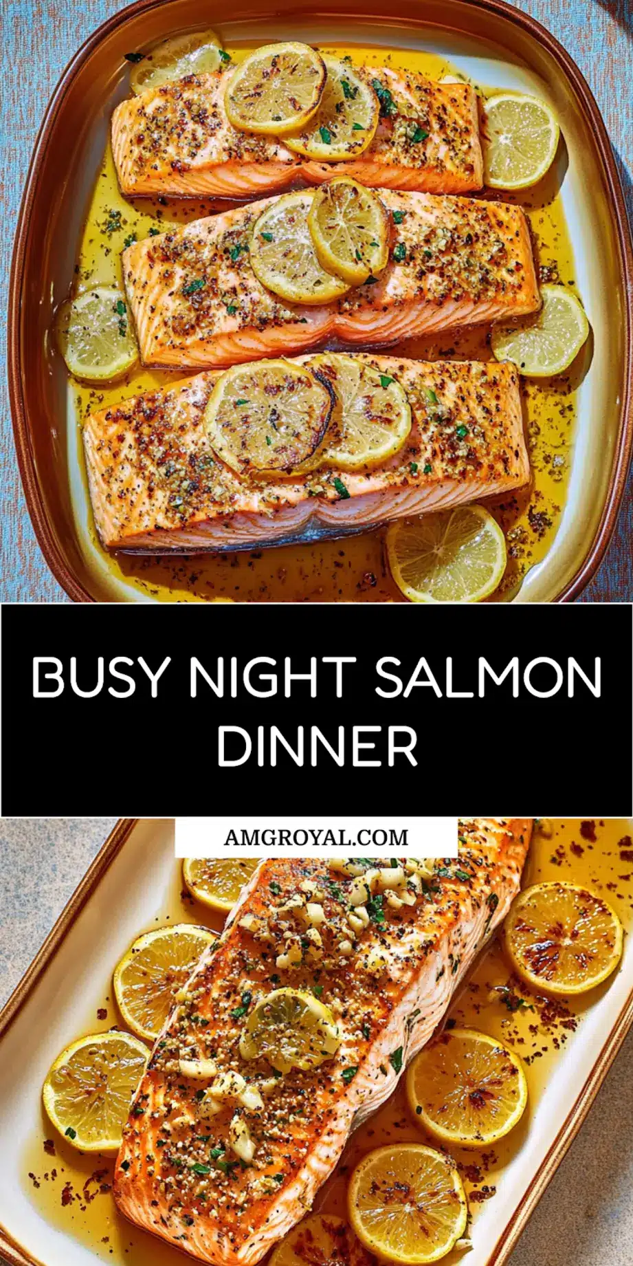 Baked Lemon Garlic Salmon Easy Weeknight Dinner 7 BAKED LEMON GARLIC SALMON centered hero view, clean and uncluttered_pin