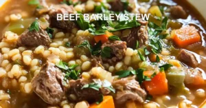 BEEF BARLEY STEW centered hero view, clean and uncluttered