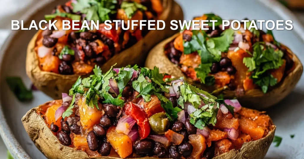 BLACK BEAN STUFFED SWEET POTATOES centered hero view, clean and uncluttered