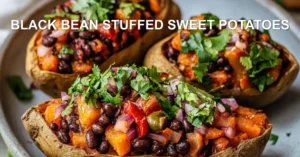 Black Bean Stuffed Sweet Potatoes Recipe Easy and Delicious BLACK BEAN STUFFED SWEET POTATOES centered hero view, clean and uncluttered