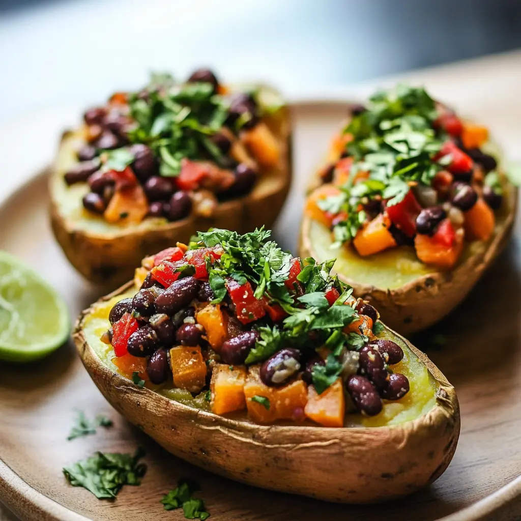 BLACK BEAN STUFFED SWEET POTATOES centered hero view, clean and uncluttered