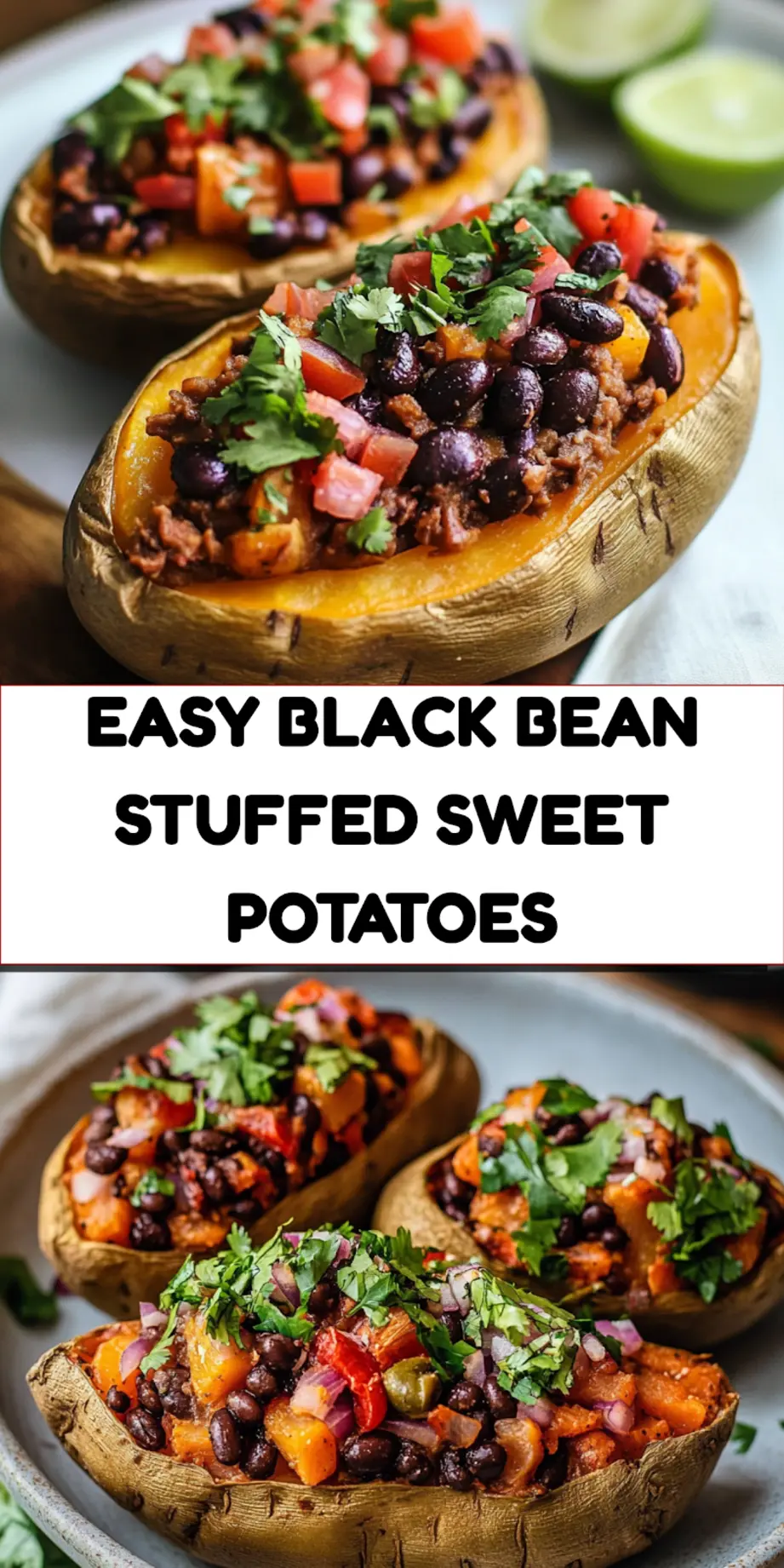 BLACK BEAN STUFFED SWEET POTATOES centered hero view, clean and uncluttered