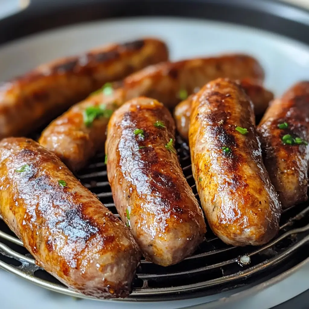 Brats in Air Fryer: Easy Recipe for Perfect Results 6 Golden brown bratwurst in air fryer basket with crispy casing