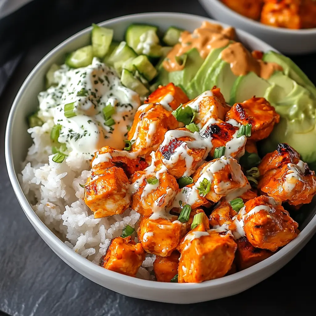 Buffalo Chicken Bowls centered hero view with golden chicken, rice, and fresh toppings
