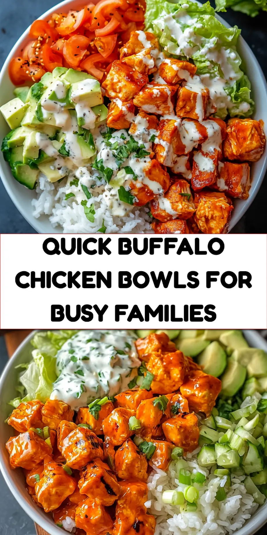 Buffalo Chicken Bowls pin image with golden chicken and colorful toppings