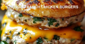 CHEDDAR RANCH CHICKEN BURGERS centered hero view, clean and uncluttered