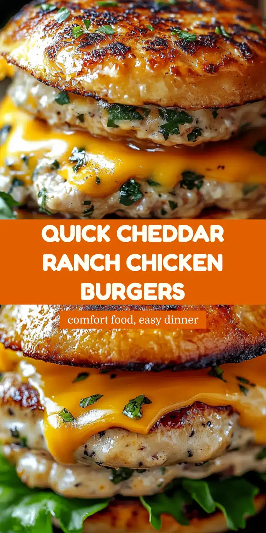 CHEDDAR RANCH CHICKEN BURGERS centered hero view, clean and uncluttered