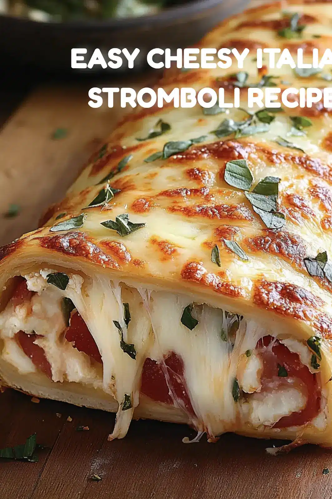 Cheesy Italian Stromboli Recipe Easy Homemade and Delicious 7 Cheesy Italian Stromboli Pinterest pin showing golden baked roll with melted cheese and meats