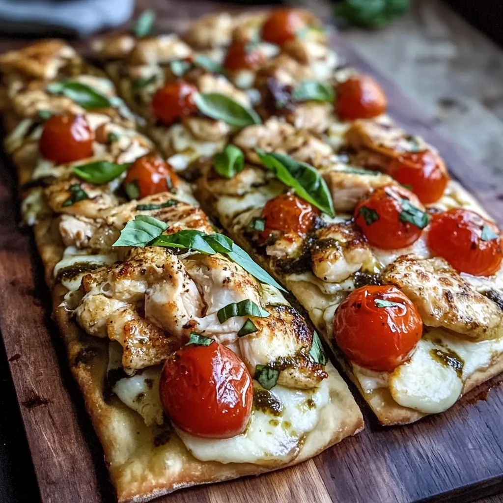 Easy Chicken Caprese Flatbread Recipe Perfect for Dinner 6 Chicken Caprese Flatbread with melted mozzarella, fresh tomatoes, and basil on golden crispy naan