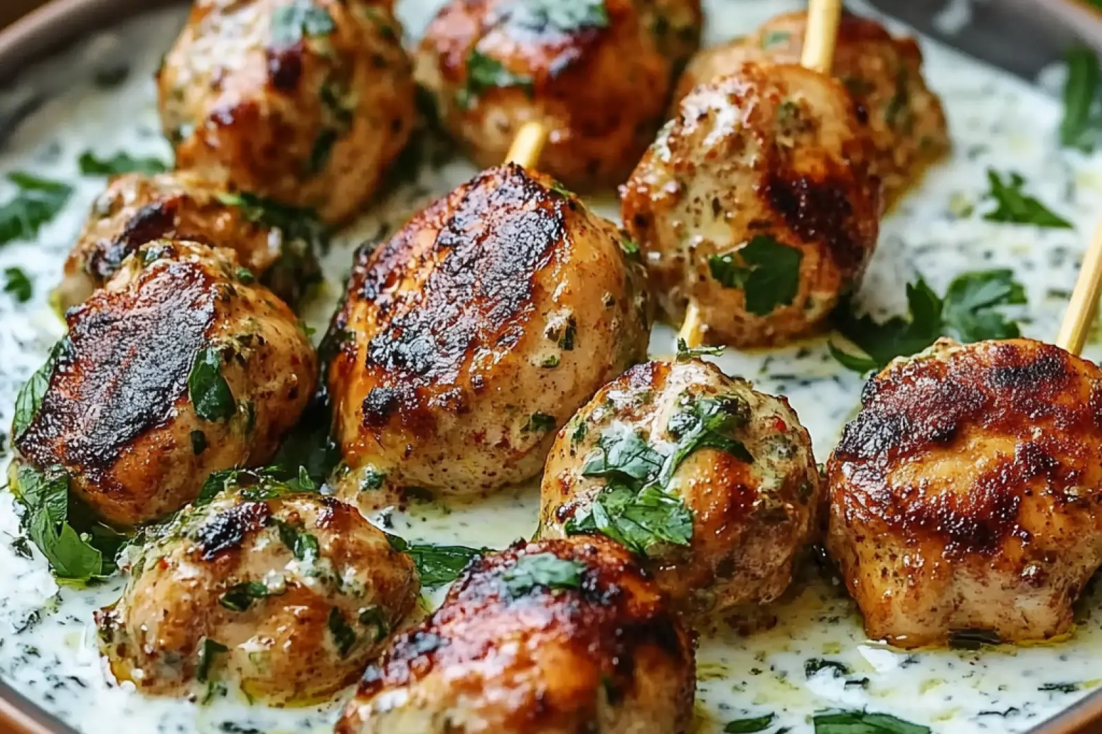 CHICKEN KOFTA GARLIC YOGURT SAUCE centered hero view, clean and uncluttered