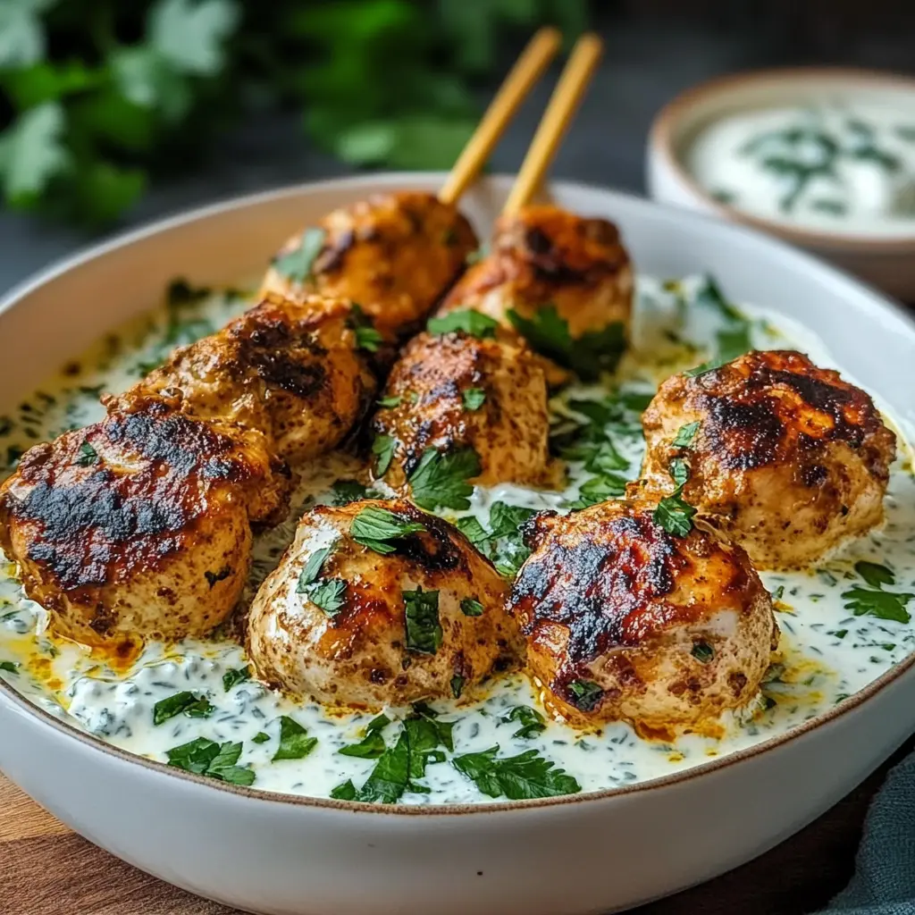 Chicken Kofta Garlic Yogurt Sauce Recipe Easy and Delicious 6 Chicken Kofta with Garlic Yogurt Sauce - golden grilled koftas on a platter with creamy white sauce drizzled over top
