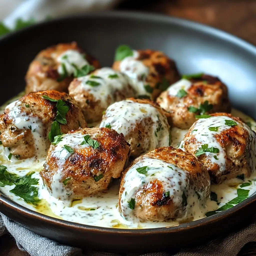 Chicken Kofta with Garlic Yogurt Sauce centered hero view, clean and uncluttered