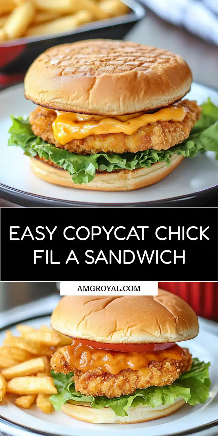 Copycat Chick-fil-A Sandwich pin image with crispy golden chicken and pickles on toasted bun