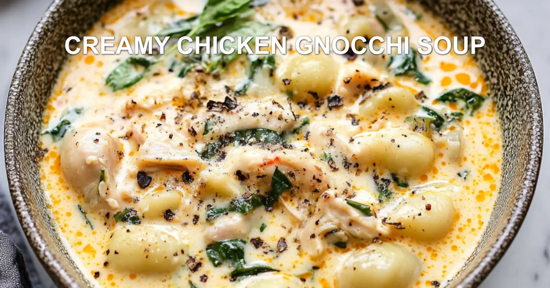 CREAMY CHICKEN GNOCCHI SOUP centered hero view, clean and uncluttered