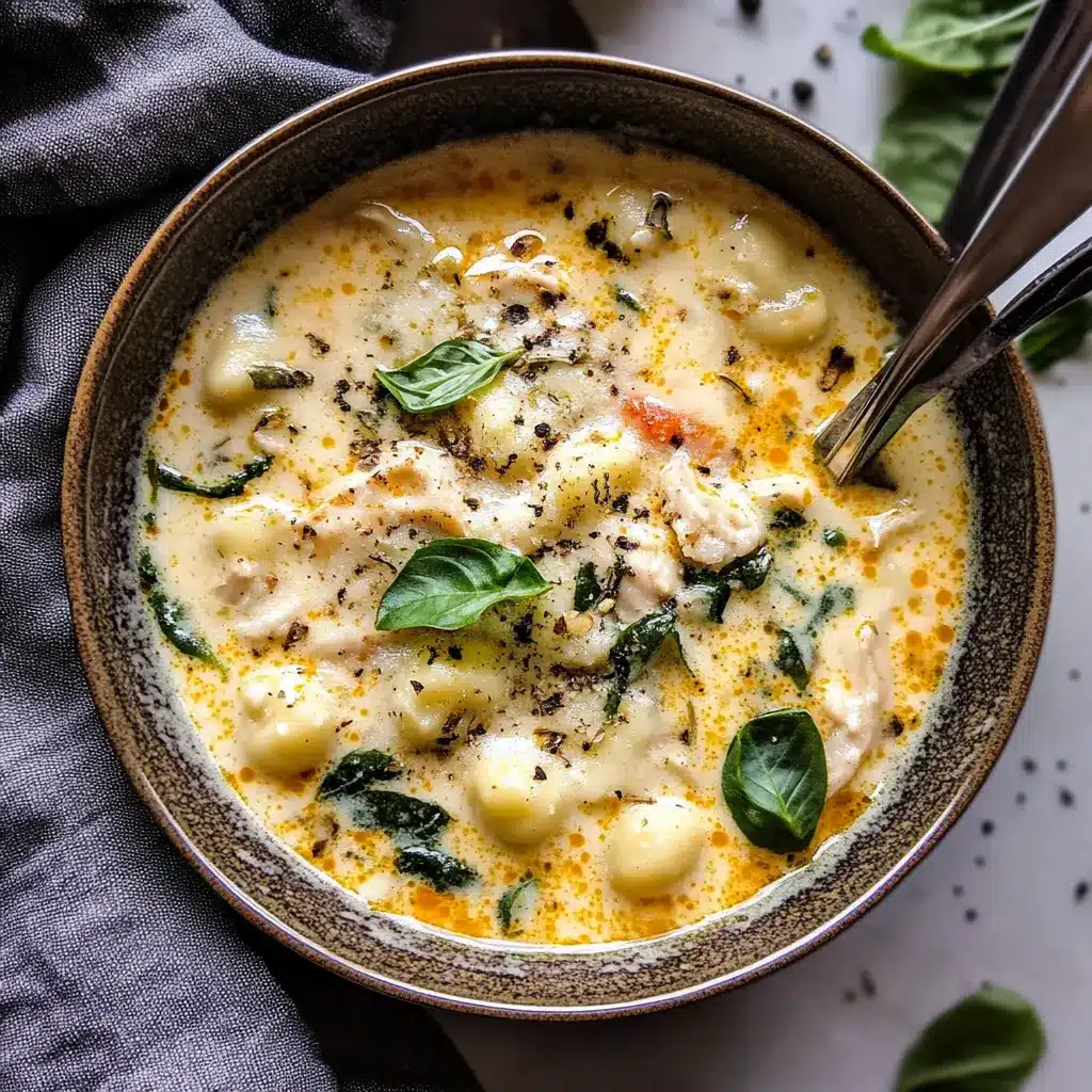 Creamy Chicken Gnocchi Soup in a bowl, centered hero view, clean and uncluttered