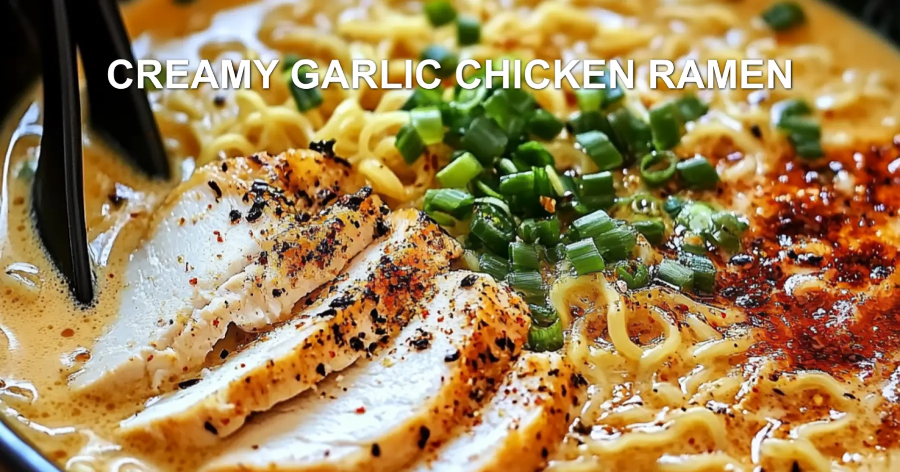 CREAMY GARLIC CHICKEN RAMEN centered hero view, clean and uncluttered