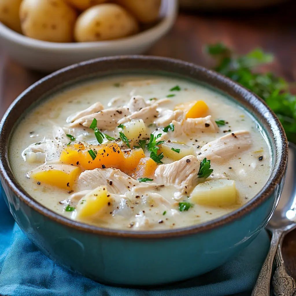 CREAMY SLOW COOKER CHICKEN AND POTATO SOUP centered hero view, clean and uncluttered