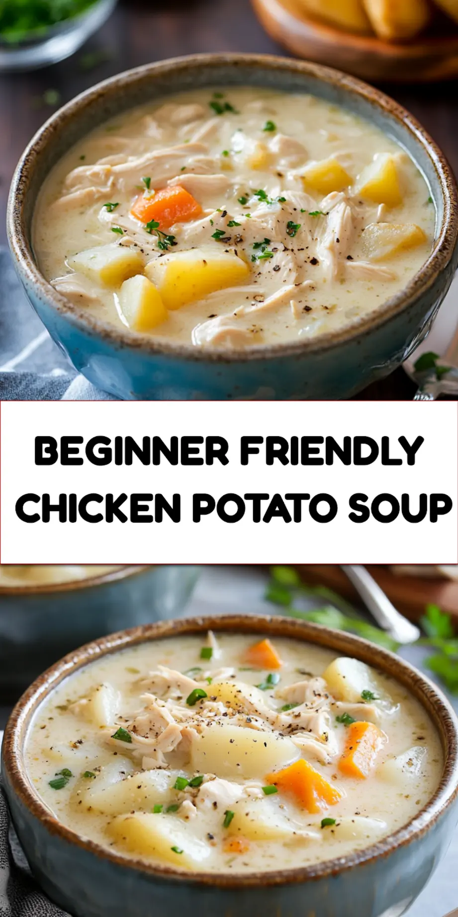 CREAMY SLOW COOKER CHICKEN AND POTATO SOUP centered hero view, clean and uncluttered