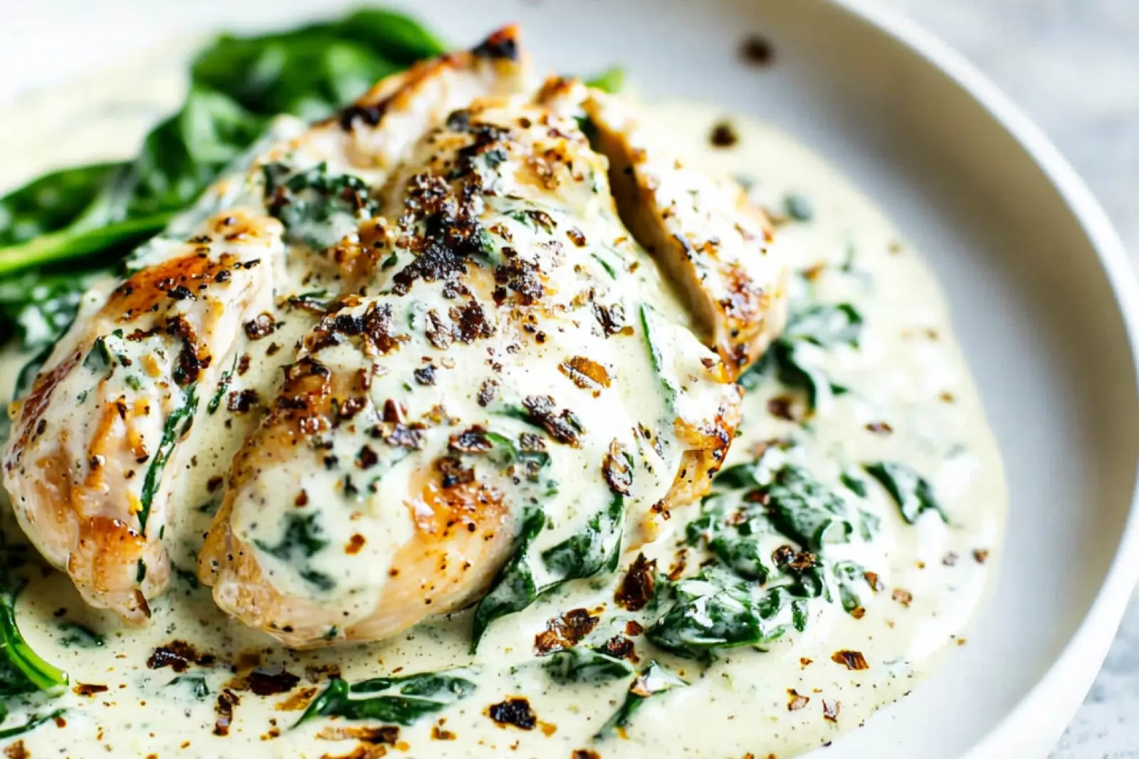 CREAMY SPINACH CHICKEN centered hero view, clean and uncluttered