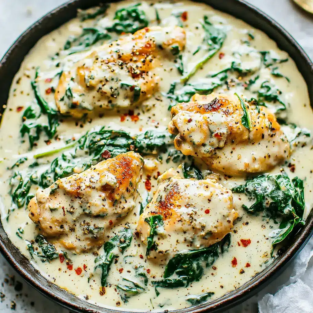 Creamy spinach chicken in a skillet, golden seared cutlets nestled in rich garlic cream sauce with wilted spinach
