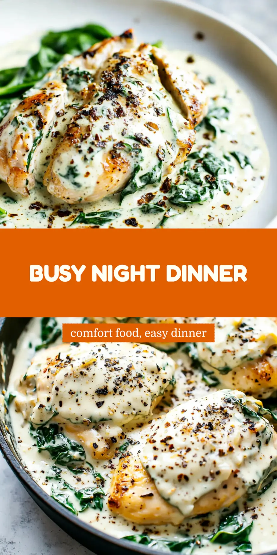 Creamy spinach chicken recipe pinnable image with golden chicken in rich garlic cream sauce