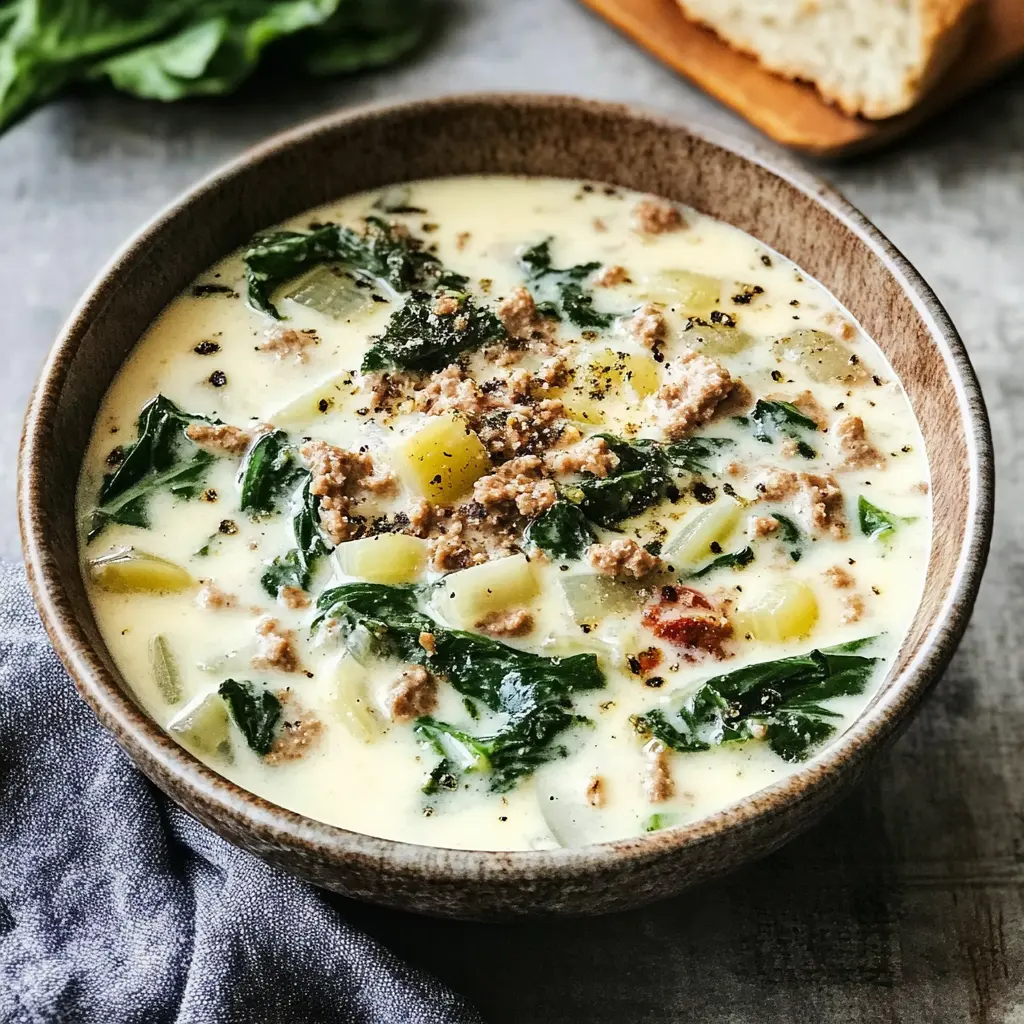 Creamy Zuppa Toscana Soup in a rustic bowl, featuring Italian sausage, potatoes, kale, and bacon in a rich cream broth