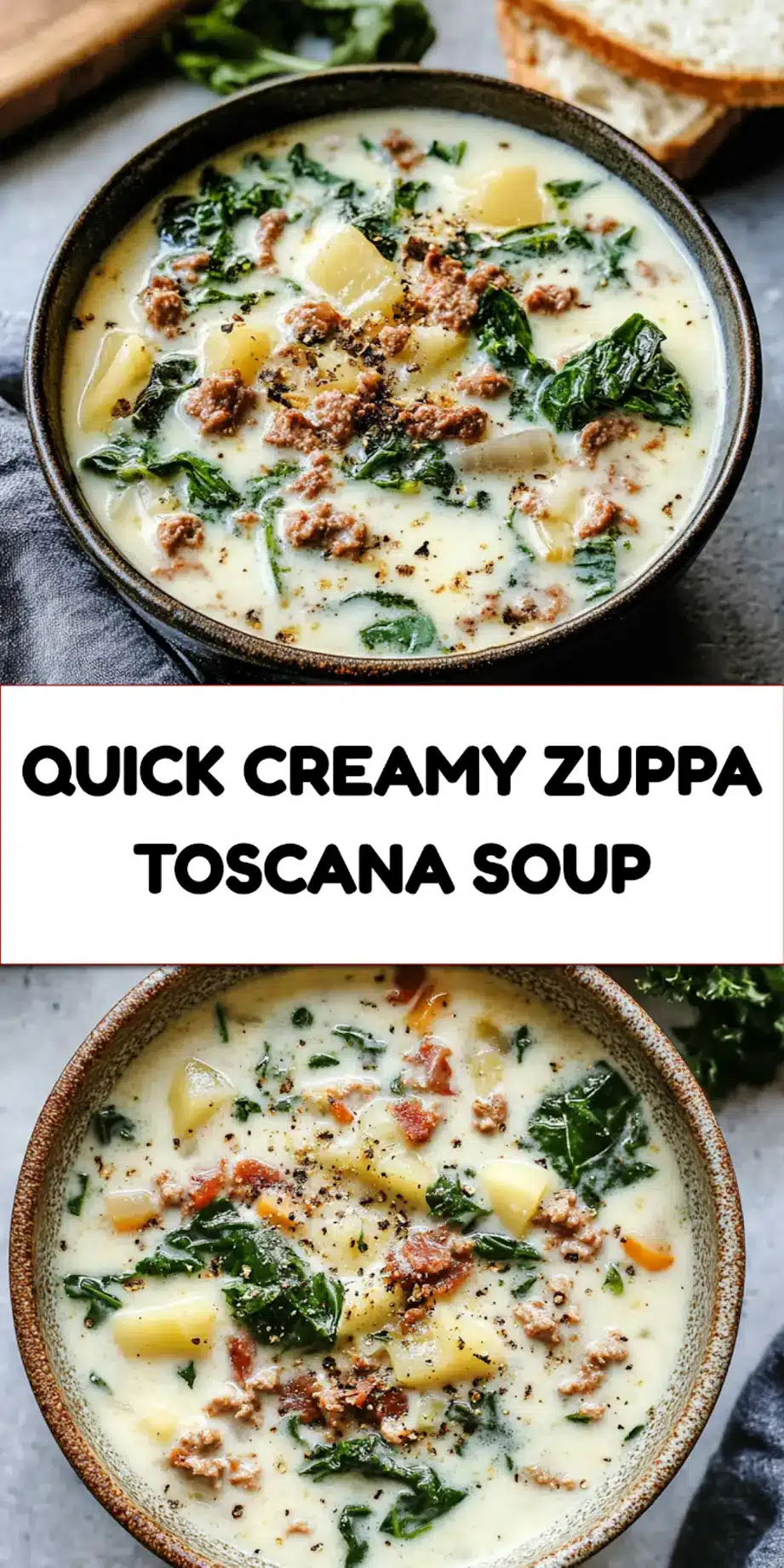 Creamy Zuppa Toscana Soup Pinterest pin image with Italian sausage, potatoes, kale, and bacon in creamy broth
