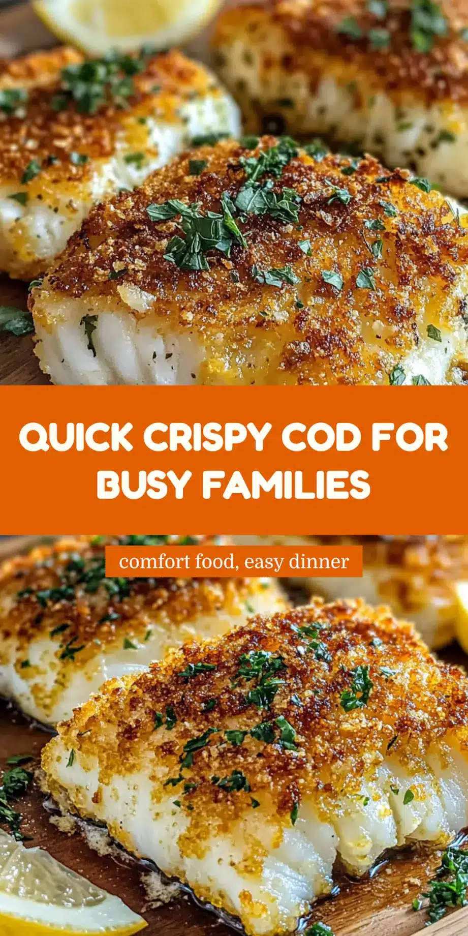 Crispy Air Fryer Parmesan Crusted Cod centered hero view, clean and uncluttered pin