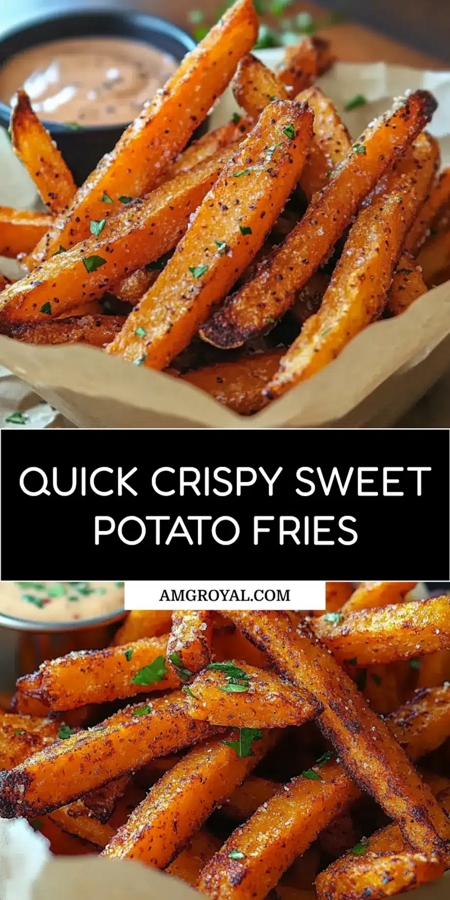 Crispy oven baked sweet potato fries centered hero view, clean and uncluttered for pinning