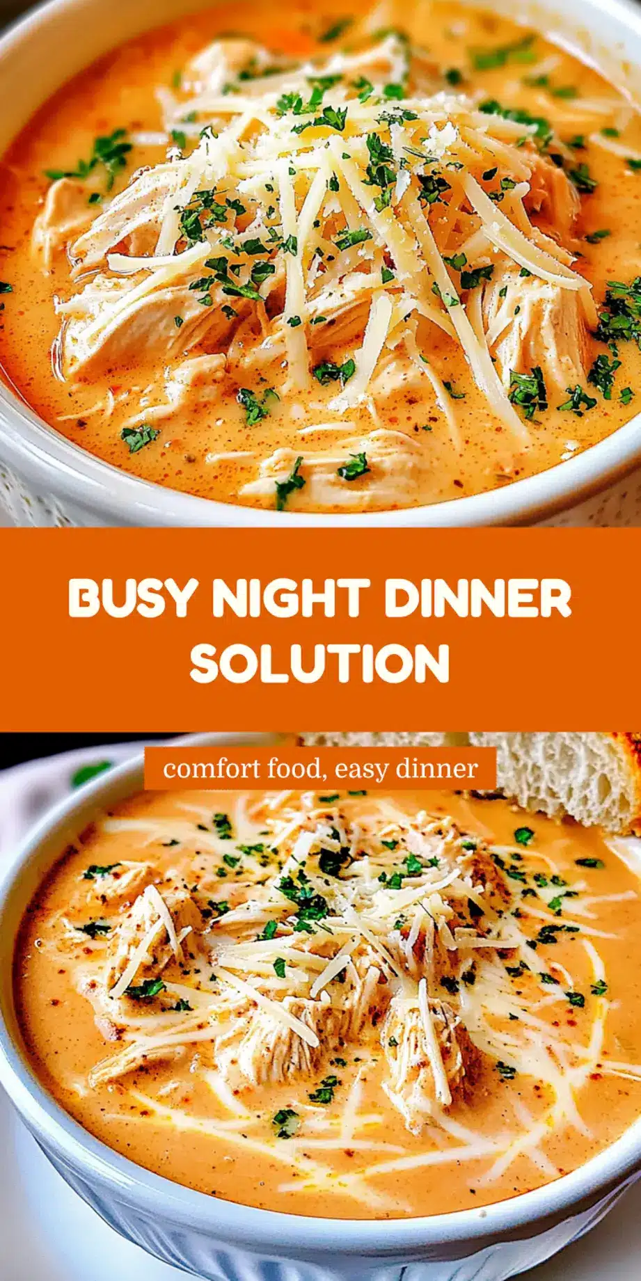 Crock Pot Creamy Chicken Parmesan Soup Easy Weeknight Dinner 7 CROCK POT CREAMY CHICKEN PARMESAN SOUP centered hero view, clean and uncluttered_pin