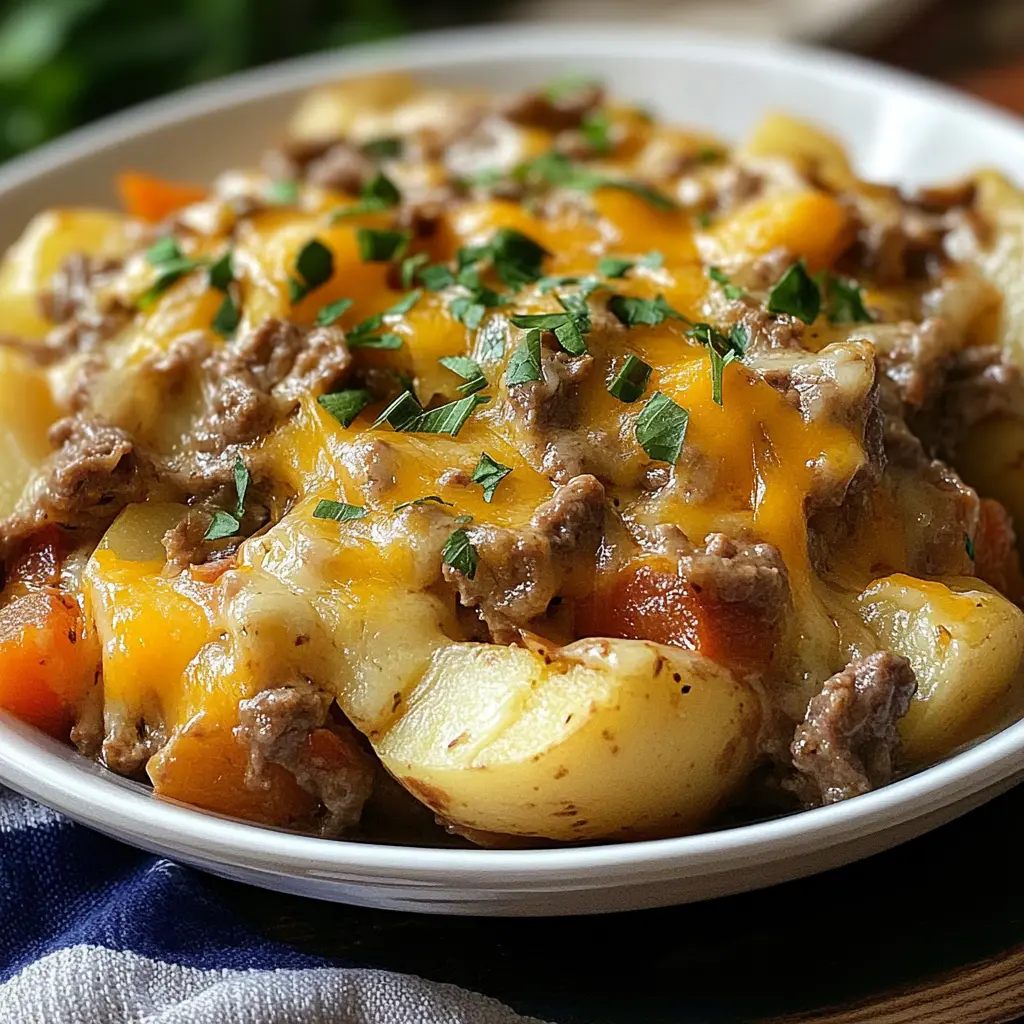 Crockpot Cheesesteak Potato Casserole Recipe Easy Comfort 6 CROCKPOT CHEESESTEAK POTATO CASSEROLE centered hero view, clean and uncluttered