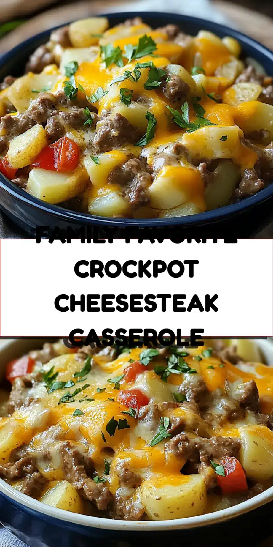 Crockpot Cheesesteak Potato Casserole Recipe Easy Comfort 7 CROCKPOT CHEESESTEAK POTATO CASSEROLE centered hero view, clean and uncluttered_pin
