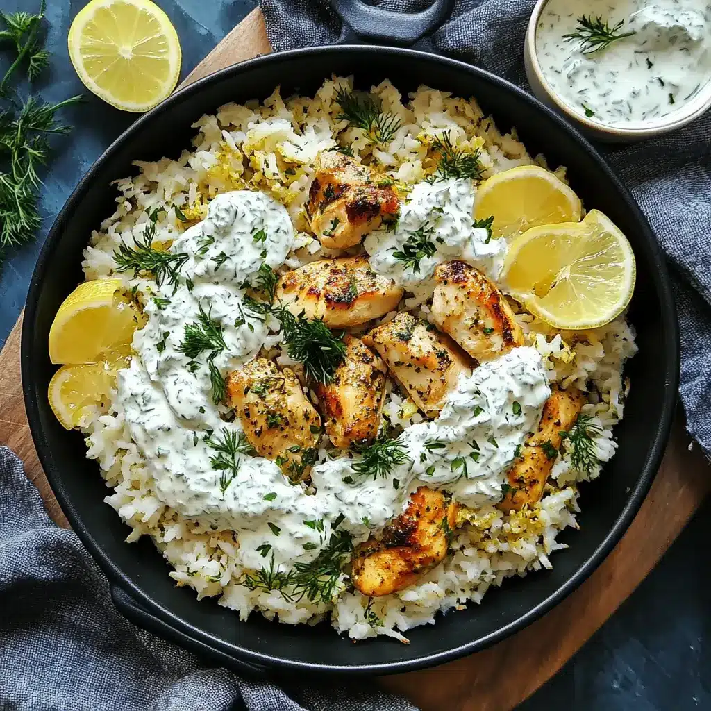 Dump and Bake Chicken Tzatziki Rice in a baking dish, golden chicken breasts over fluffy rice with creamy tzatziki sauce