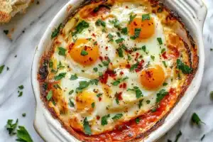 EASY BAKED FETA EGGS centered hero view, clean and uncluttered