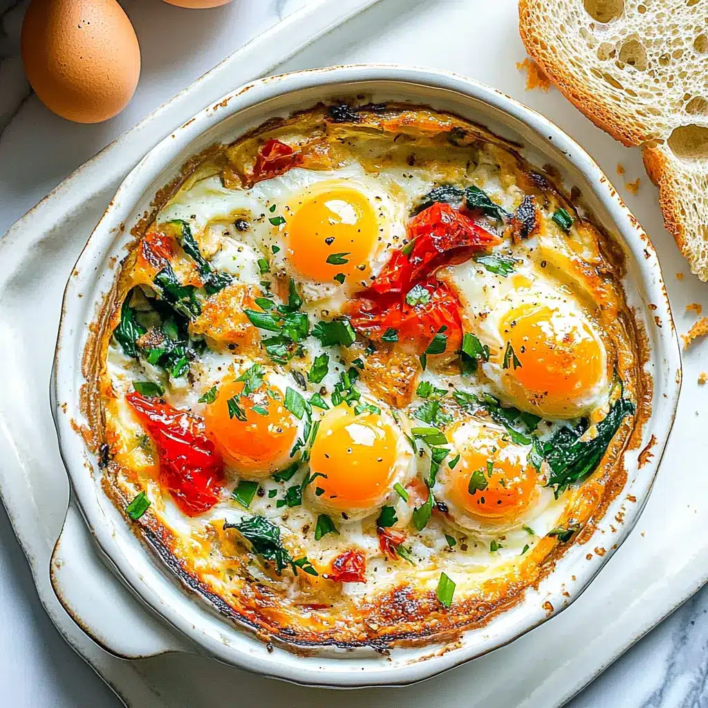 Easy Baked Feta Eggs Recipe for the Best Cozy Breakfast 6 Easy baked feta eggs with runny yolks, roasted tomatoes, and creamy feta in a baking dish