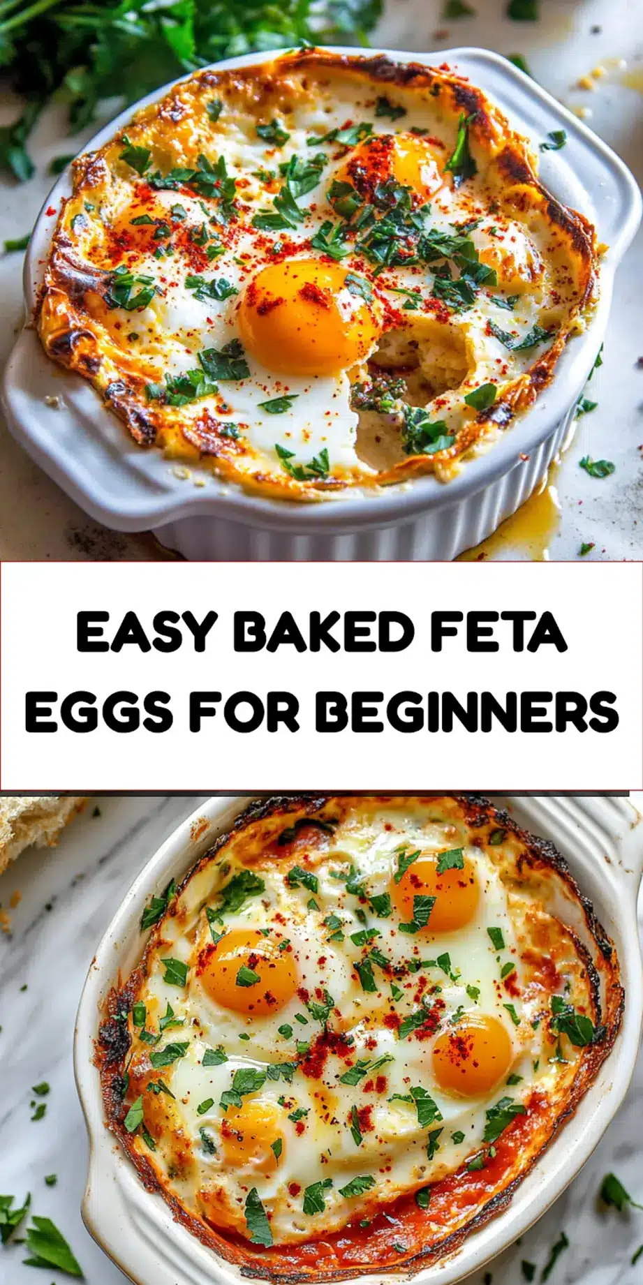 Easy Baked Feta Eggs Recipe for the Best Cozy Breakfast 7 Easy baked feta eggs Pinterest pin with runny yolks and roasted vegetables
