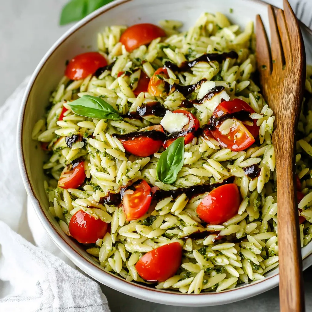 Easy Orzo Salad with Pesto centered hero view, clean and uncluttered